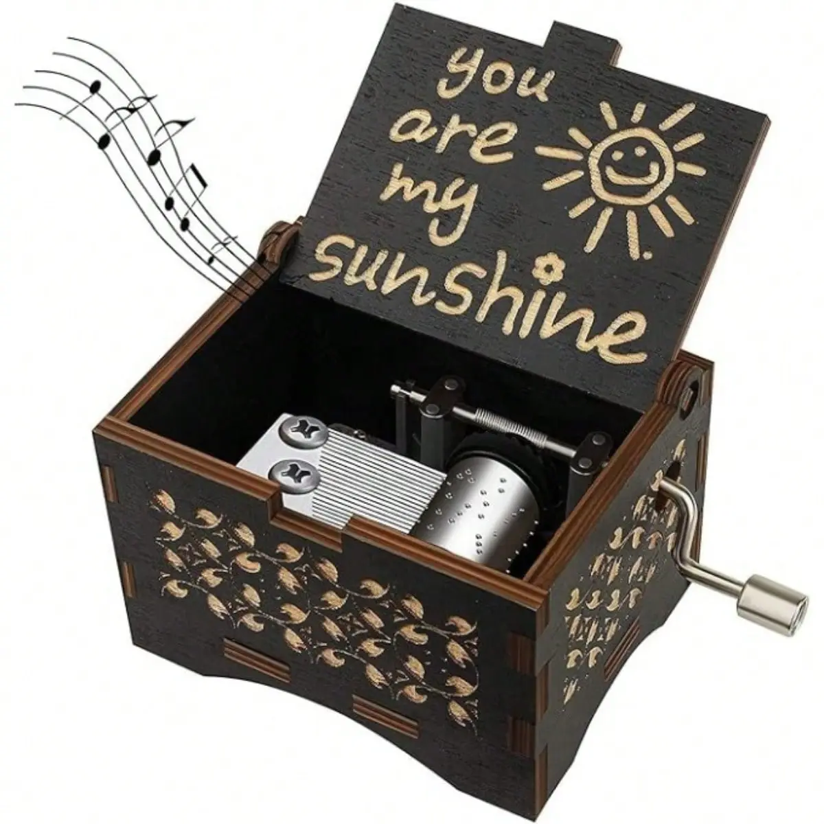 "Clockwork Music Box 'You Are My Sunshine' - Vintage Carve, Laser Engrave Wooden Hand-Cranked Metal-Accented Decorative Portable Home Decor, Collectible Anniversary Gift For Wife"
