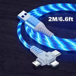 2M 3-in-1 RGB Glowing Charging Cable | 7-Color Fast Charging Cord | Compatible with Android/Type-C & Other Phones | Charge 3 Devices Simultaneously | TPE Soft & Tangle-Free | LED Light-Up Charging Cable