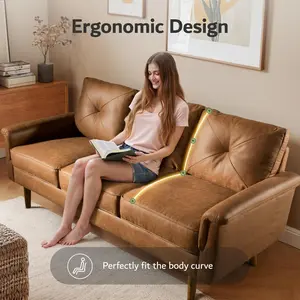 ovios Luxury 3 Seater Sofa with Faux Leather,Mid-Century Modern Couch with Comfortable Armrest,Comfy Couches with Deep Seat,Small Sofas for Living Room Bedroom (Light Brown)
