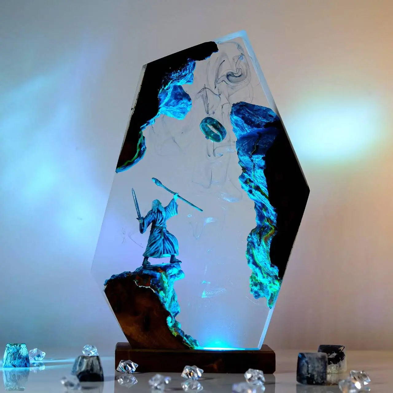 Lord of the Rings Gandalf & 1 Ring Resin LED Night Light, Handcrafted Solid Wood USB Bedside Lamp, LOTR Festive Gift for Boyfriend