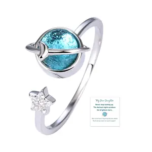 To My Dear Daughter: Special Star & Moon Rotatable Planet Fidget Ring, Adjustable Design, Cubic Zirconia, Anxiety/Stress Relief, Birthday/Christmas Gift with Card