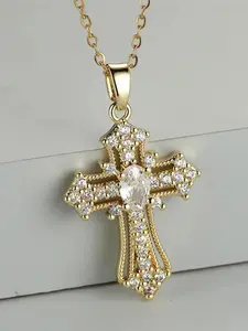 Elegant Artificial Zircon Cross Pendant Statement Necklace for Women, 1 Piece Fashion Zirconia Crucifix Pendant for Party, Daily Clothing Decor, Trendy All-match & Exquisite Jewelry for Birthday Gift, Zircon Stones Necklace, Cross Design Pendant