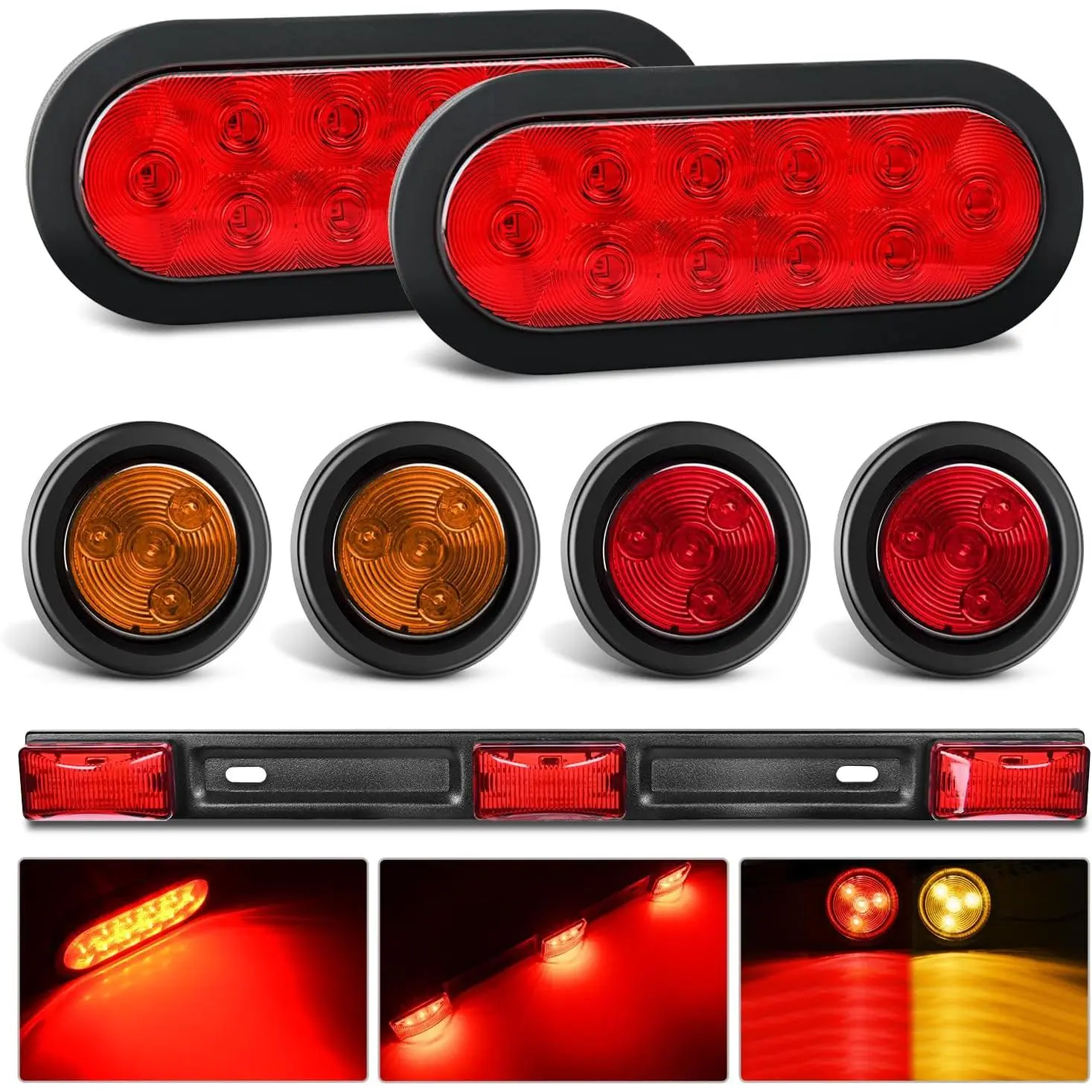 Nilight 12V DC IP67 Water-Resistant LED Trailer Light Kit - 6-in Oval Shape Stop/Turn/Tail Unit, 2-in Round Red-Amber Side Marker, 9-Bright LEDs ID Bar with Self-Tapping Mounts, for Horse Trailers, Tractors, Boats, Campers