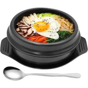 Korean Stone Pot Set with Tray and Stainless Steel Spoon, Ceramic Bowl for Bibimbap and Soup, No Lid (1500 ML (50 OZ))
