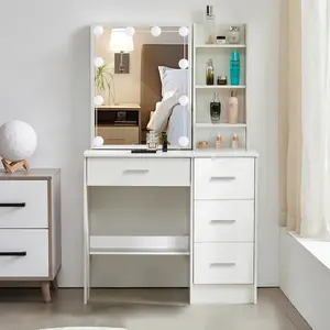 White Vanity Desk with Mirror and LED Lights, LED Makeup Vanity Dressing Table with 4 Drawers and 5 Shelves