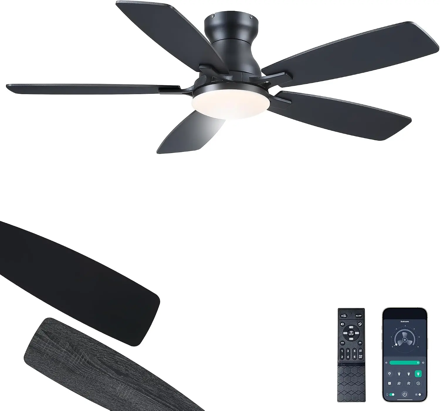 JSAITEE 46 Inch Low Profile Flush Mount Ceiling Fan with Lights, Black White Brown