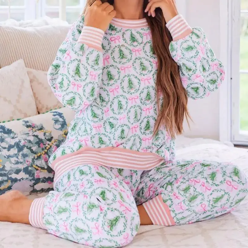 Women's Christmas Tree Bow Printed Home Suit Set Soft Polyester Knitted Fabric Two-Piece Design Long Sleeved Top Jogging Pants Versatile Casual Homewear Loungewear Pjs