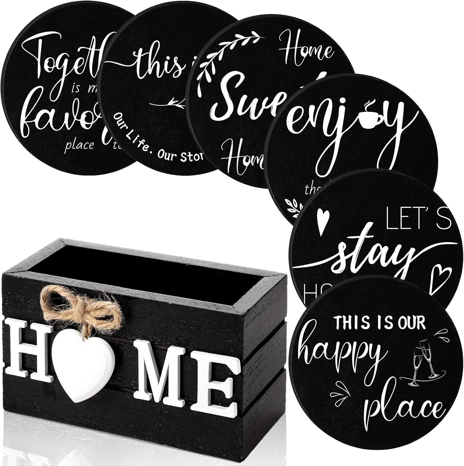 Wooden Coasters Set of 6 with Holder 4'', Black | Housewarming Gifts for New Home, Home Drink Coasters, Funny Farmhouse Decoration for Family Coffee Bar Tabletop Protection