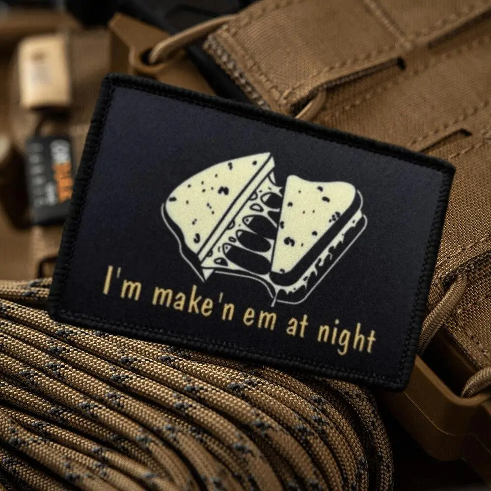 Cheese Sandwich Pattern Tactical Patch, 1 Count Funny I'm Make'n Em At Night Printed Hook & Loop Patches, Military Morale Badge Armband Backpack Vest