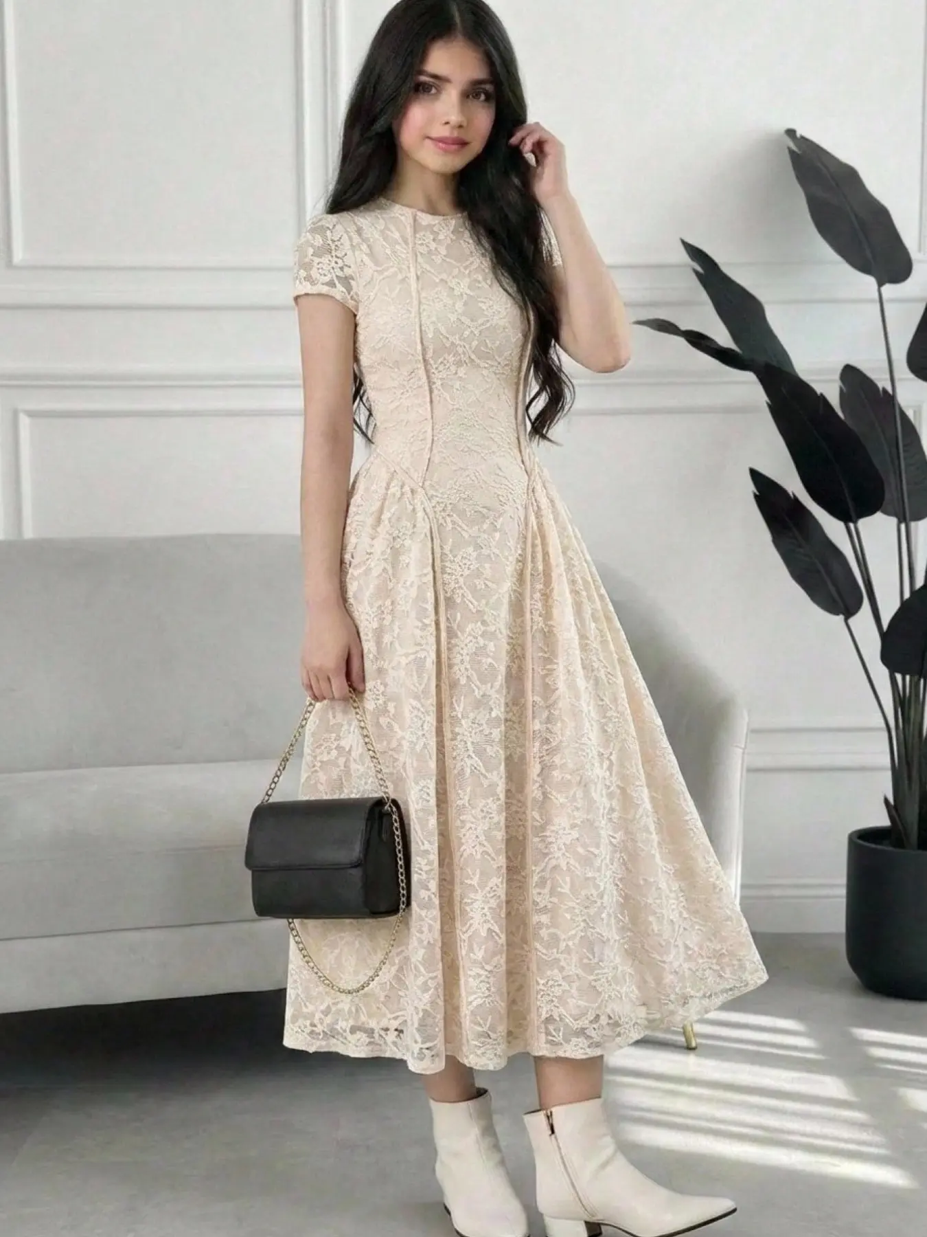Teen Girl Summer Dress 13-16 Years, Peach Color Lace Midi Dress, Elegant Short Sleeve, Perfect for Birthday, Wedding, Formal Events