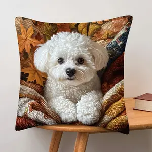 Autumn Warm Pomeranian Style Living Room Cushion, Healing Cute Pet Maple Leaf Print Pillow Cover, Cozy Home Decor Accessory