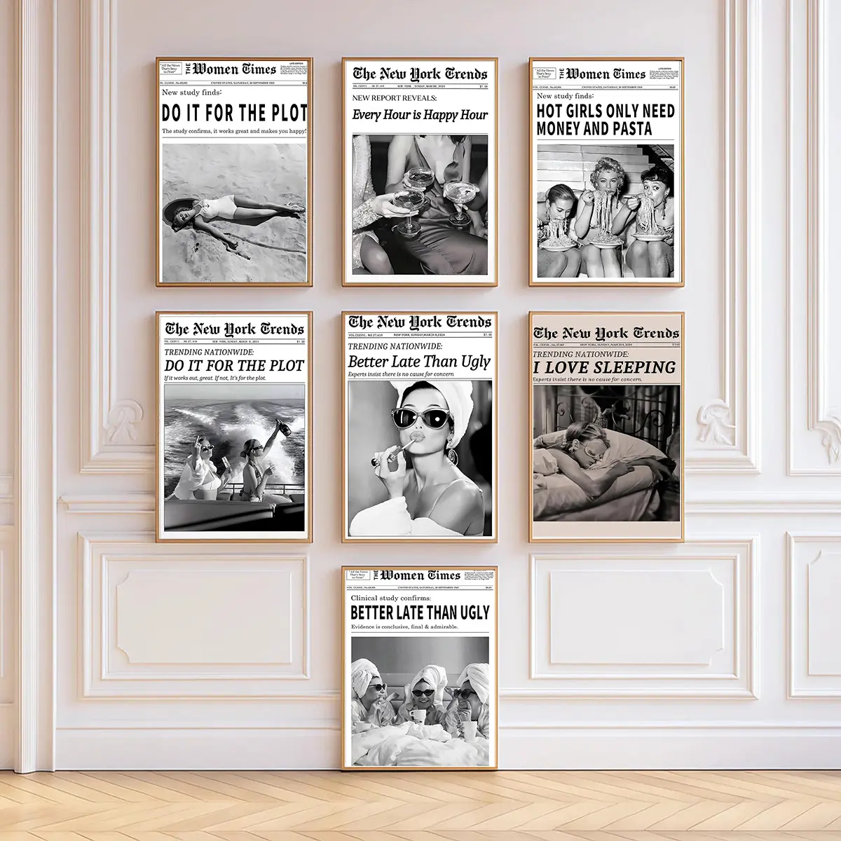 Vintage Women Times Newspaper Canvas Wall Art Black and White Aesthetic Funky Hot Girl Eating Pasta Fashion Prints for Italian Kitchen Bar Cart Girly Dorm Room Art Posters