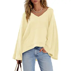 Womens V Neck Sweatshirt Oversized Hoodies Pullover Bell Sleeve Tops Trendy Loose Fit Sweatshirt with Pocket