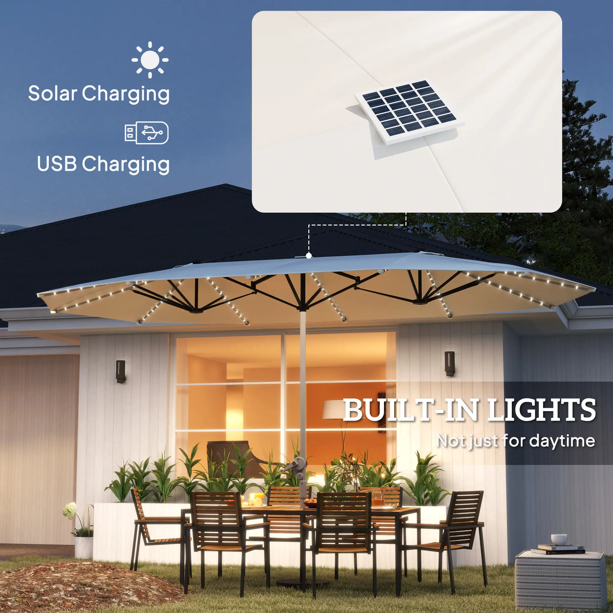 【With Base & LED Lights】Outsunny Extra Large Double-Sided Patio Umbrella, with 36 LED Lights, 14.4ft, with Base Included, for Backyard, Deck, Pool, Ma