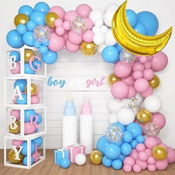 134pcs Baby Boxes Gender Reveal Balloon Decorations, Pink and Blue Balloon Arch Kit Baby Boxes with Letters(A-Z+Baby Boy Girl)