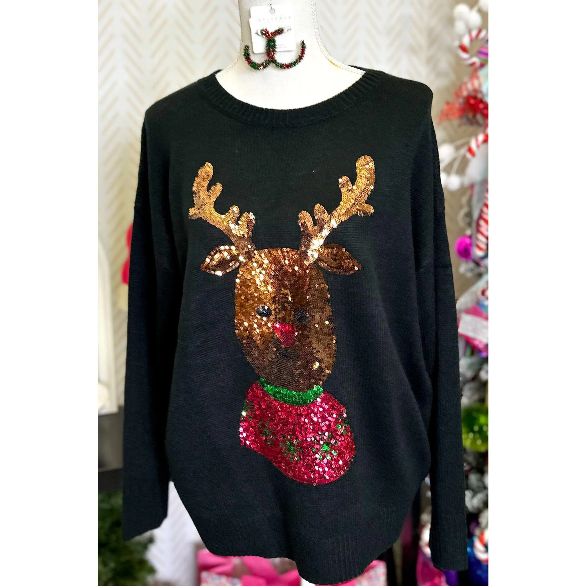 Reindeer Sequin Sweater, Black