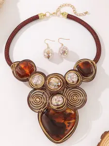 2pcs/set Fashion Colorful Bead shaped Resin Pendant Handmade Aluminum Wire Neck Collar Necklace Earring Set Fashionable Jewelry Set Party Carnival Wedding Festival Costume Accessories