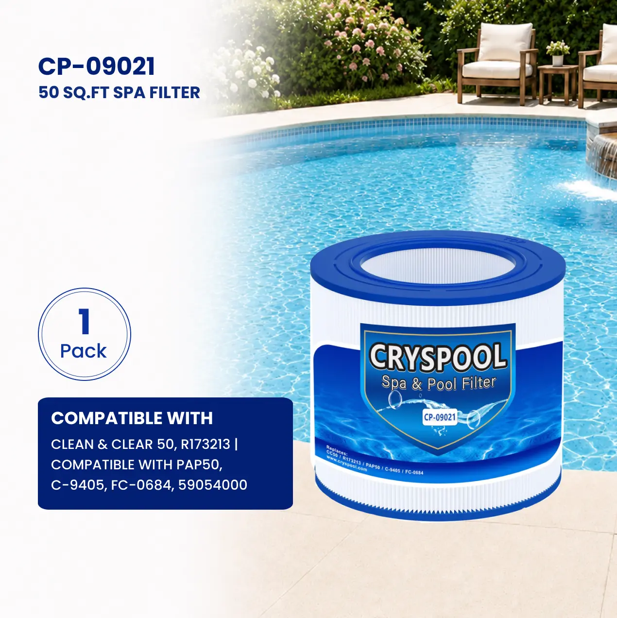 PAP50, Compatible with Clean & Clear 50, PAP50, R173213, C-9405, FC-0684, 59054000, Cryspool 50 Sq. Ft Pool Filter Cartridge, 1 Pack