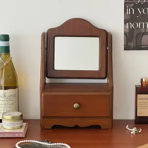 Rotatable Makeup Mirror, French Vintage Wooden Vanity Mirror, Square Mirror, Bedroom Desktop Storage Cabinet, Desk Organizer, Beauty Mirror