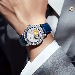 SAILANG trendy choice Luxury Men's Automatic Mechanical Watch with Golden Horse Design Silver Business Casual Dress Watch Comfortable PU Leather Strap Waterproof Calf Skin Skeleton Dial