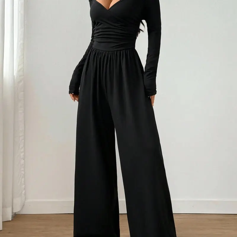 Women's Plain Halter Cross V-Neck off Shoulder Long Sleeve Ruched Pleated Wide Leg Jumpsuit Romper, Fashion Casual Daily One-Piece Pants, Loose Overalls Jumpsuits, Womenswear