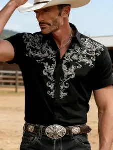 Men's Western Cowboy Print Short Sleeve Shirt, Vintage Vine Floral Pattern Casual Button-Up, Rural Style Party Formal Shirt, Floral Boho Shirts, Collared Button Down