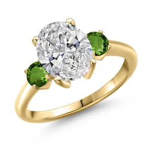 2.50 cttw IGI Certified Lab Grown Diamond and Green Tourmaline 3-Stone Engagement Ring For Women | 18K Yellow Gold Plated Silver | Center 2.00 Ct Diamond | E-F Color | VS1-VS2 Clarity
