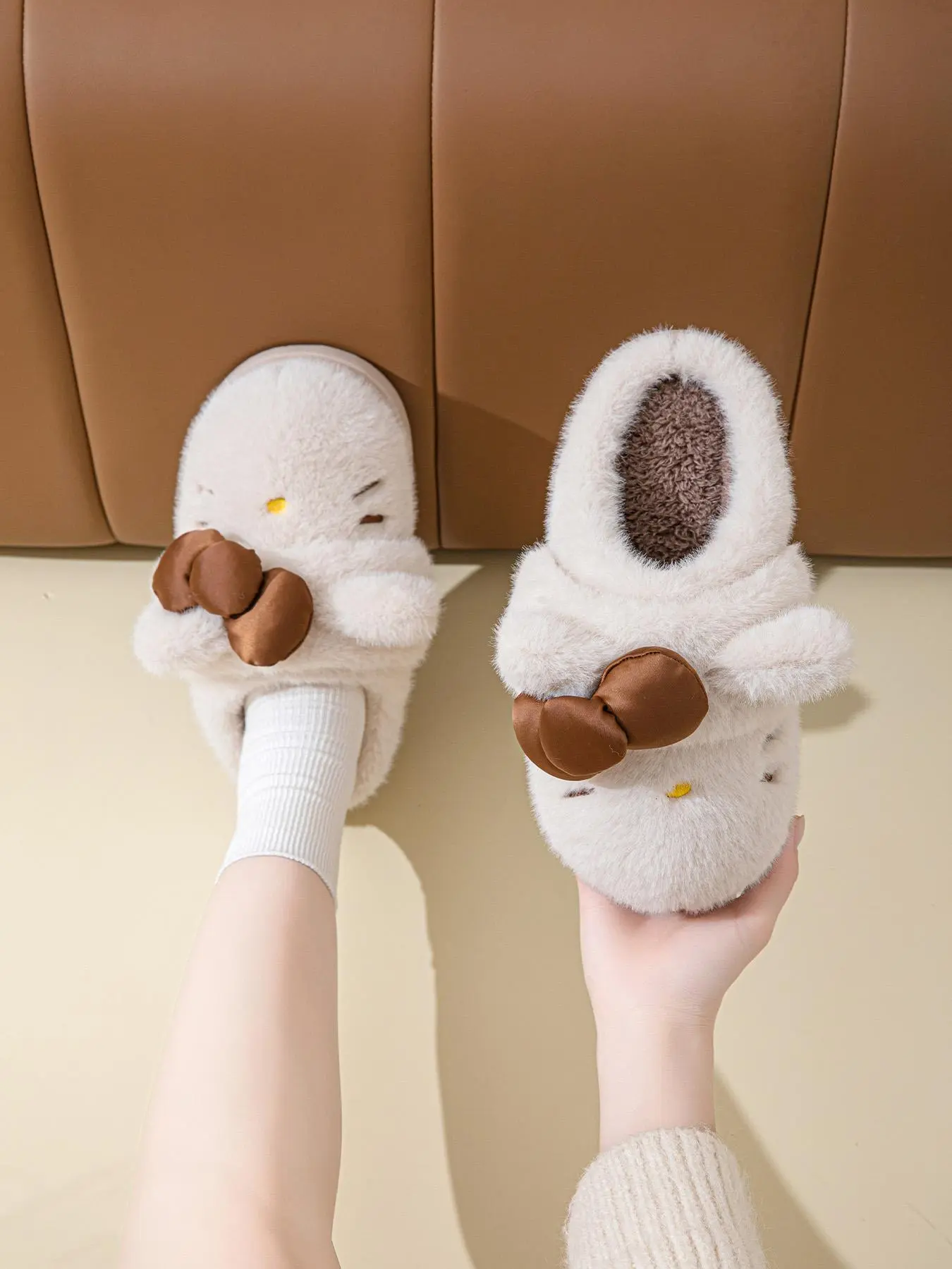 Women's Bow Cotton Slippers, House Slippers, Trendy Casual Slippers, Casual Fashion Slippers, Winter Indoor Home Warm Comfortable Cartoon Cute Shoes, Fall & Winter Casual Footwear