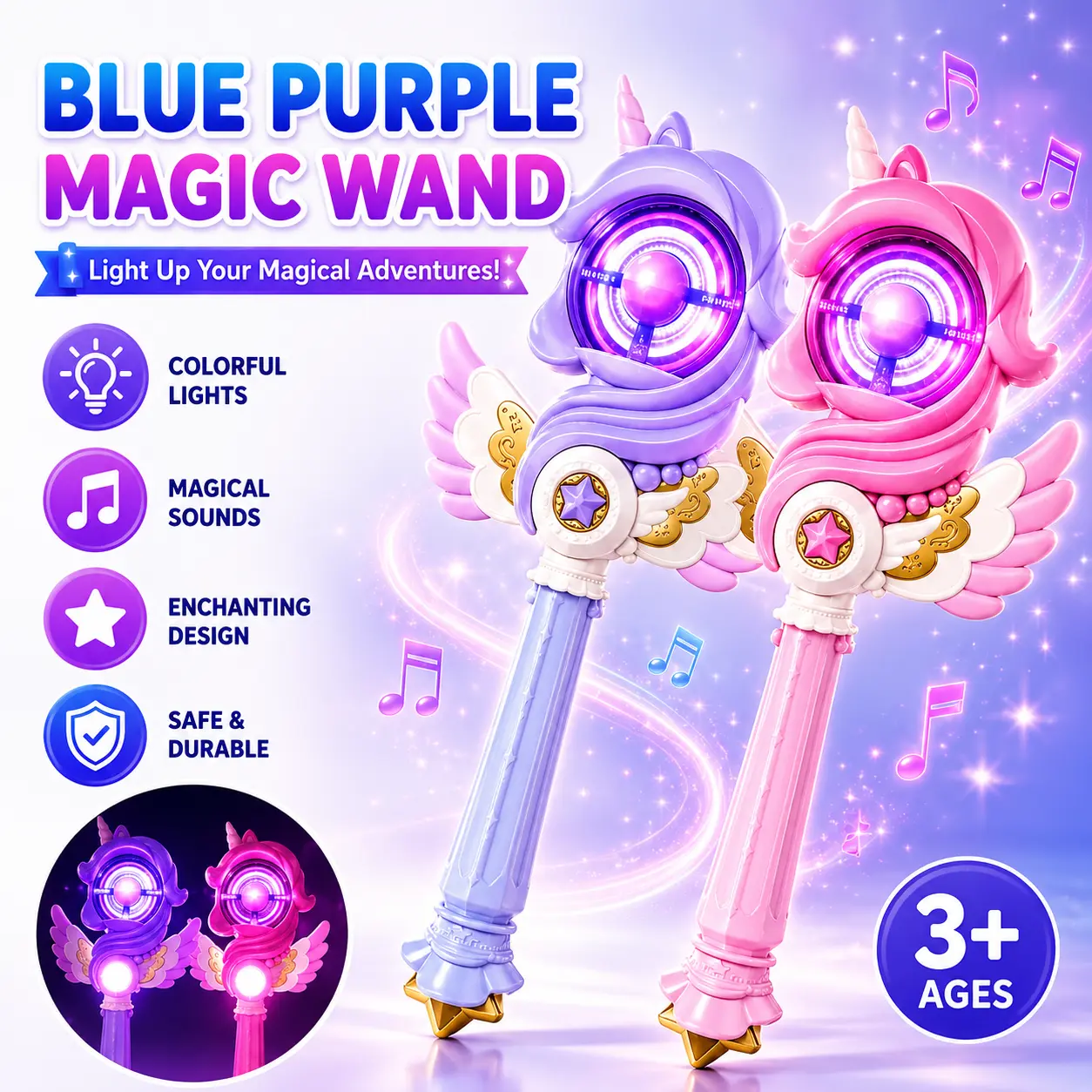 Princess Theme Light-Up Unicorn Fairy Wand Toy for Girls - Soft Plastic, Button-Operated, Flapping Wings, Musical, Glowing, Batteries-Included Birthday Gift