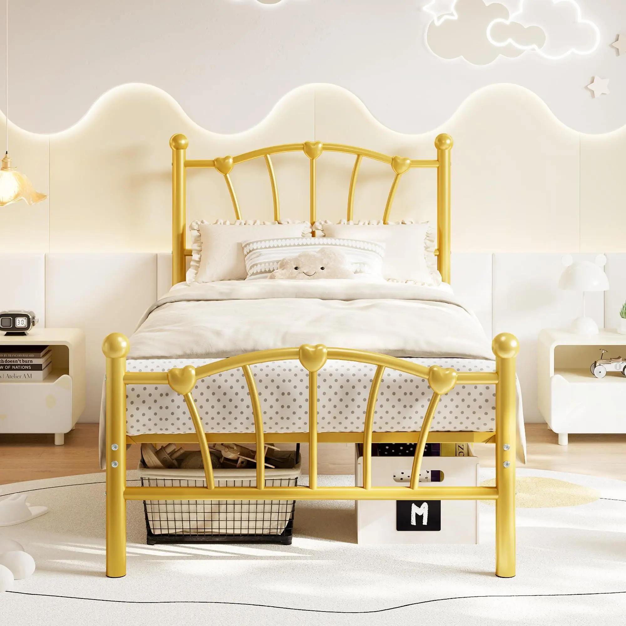 Twin Size Bed Frame,Gold Heart Shaped Metal Bed Frame with Headboard and Footboard, Platform Bed Frame with Sturdy Slat Support, Underbed Storage Space, No Box Spring Needed