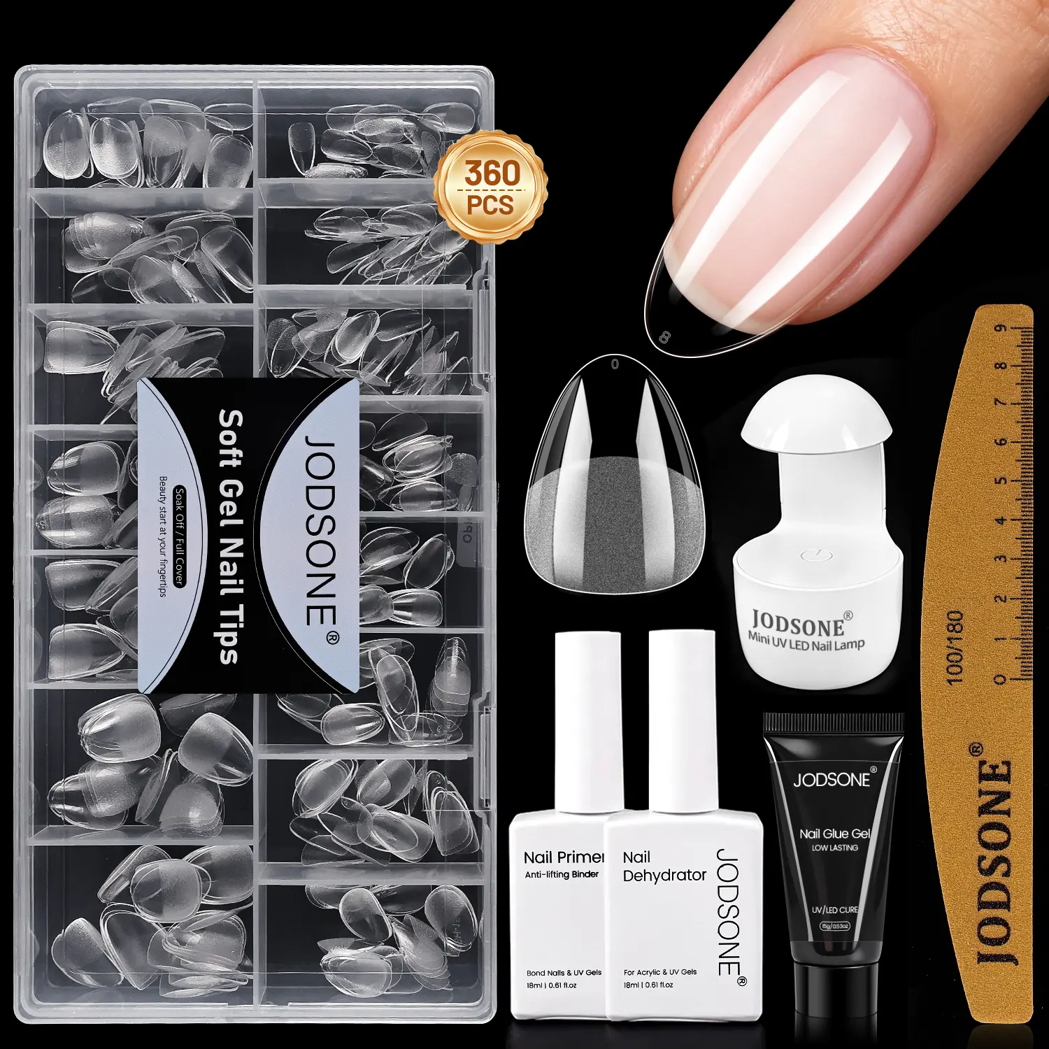 JODSONE Gel Nail Tips Kit, Short & Medium Almond Press On Nails with Q3 UV Lamp, 60pcs Nail Tips, 15g Nail Glue, 18ml Base & Top Coat, 100/180 Grit Nail File, Complete Home Manicure Set