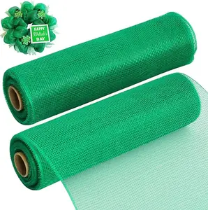 2 Rolls 10 Inch Green Decorative Mesh Ribbbon Rolls, Fabric Mesh for Mesh Wreath Supplies, Front Door Wreath Crafts Tree Decor Christmas NewYears Halloween Decoration (10 yds/roll)