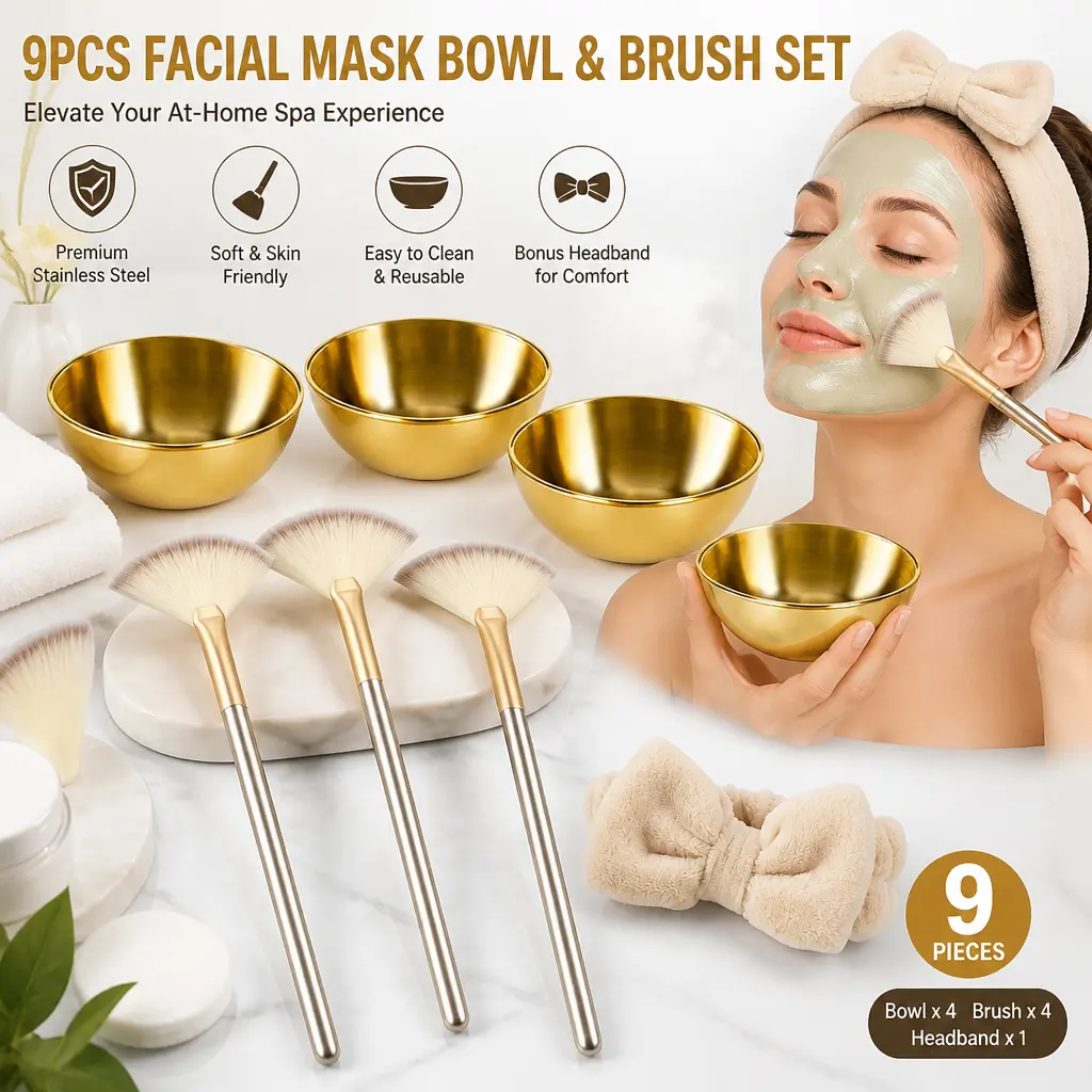 Professional 9pcs Facial Bowl Set - 4 Stainless Steel Mixing Bowls, 4 Fan Mask Brushes, Easy to Store Esthetician Supplies for Spa, Home Skincare - Christmas, Bestie, Mother's Day, Birthday Gifting Options