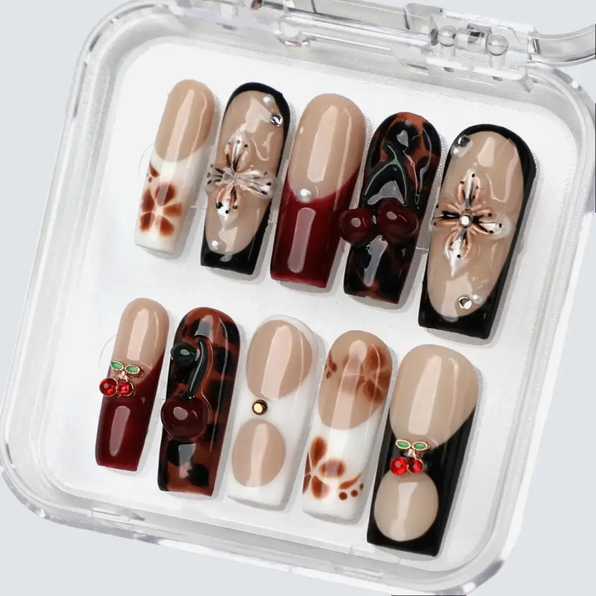 Cherry Mocha Handmade Acrylic Press On Nails, Glossy Detachable Nails Set Art Kit with Elegant Cherry Accents, Pearl Details, Easy-Apply, Reusable, Vegan-Safe for Stylish Manicures, Acrylic Press On Nail