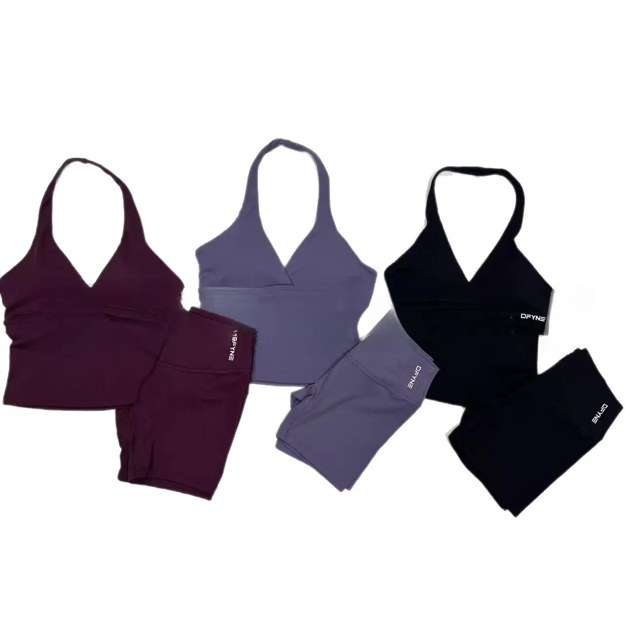 DFYNE Women's 2 Piece Workout Set - V-Neck Halter Crop Top & High Waisted Naked-Feel Biker Shorts
