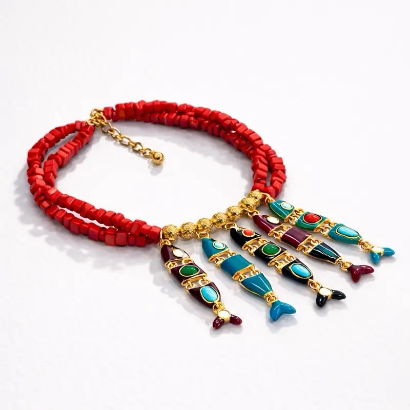 Maite Jewelry RITUAL DORADO Fish Necklace GN104 Gold-Plated with Large Fishes & Gemstone 18” + Extension Versatile Women's Fashion Jewelry