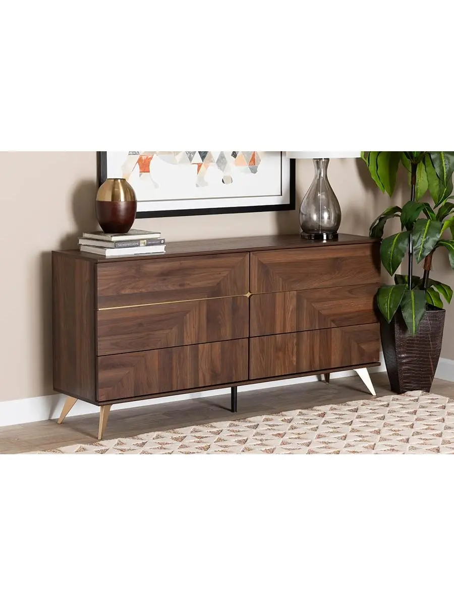 Baxton Studio 193271390489 30.4 x 62.4 x 15.7 in. Graceland Mid-Century Modern Transitional Wood 6-Drawer Dresser, Walnut Brown & Gold