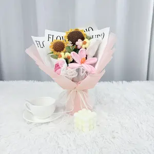 Crochet Flower Bouquet Handmade Sunflowers Tulips Roses 7Pcs for Graduation Wedding Anniversary Birthday Gift Home Decor Fluffy Plump Floral Textures
