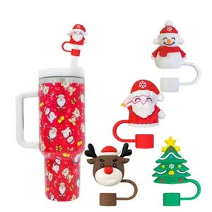 Christmas Themed Silicone Straw Cap 4 Pack, Cute Dustproof Straw Cover Drinkware Accessories for Home Kitchen, Gifts for Girlfriend, Boyfriend Gifts