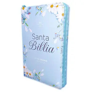 Bible in Spanish for Woman with Zipper 12 Point Large Font Reina Valera 1960 Imitation Leather Floral Blue with Index