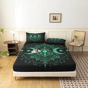 3pcs Set Green Moon Goddess Fitted Sheet,  Gothic Celestial Floral Digital Printed Bedding for Home Bedroom Dormitory and Hotel Use (1 Fitted Sheet + 2 Pillowcases No Comforter No Pillow)