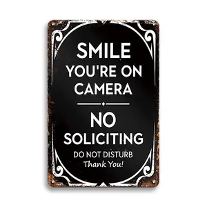 Smile You Are on Camera No Soliciting Warning Metal Tin Sign Plaque, Decorative Wall Art for Gate Door Yard Garden Private Property, Universal Setting, Door Hanging Sign