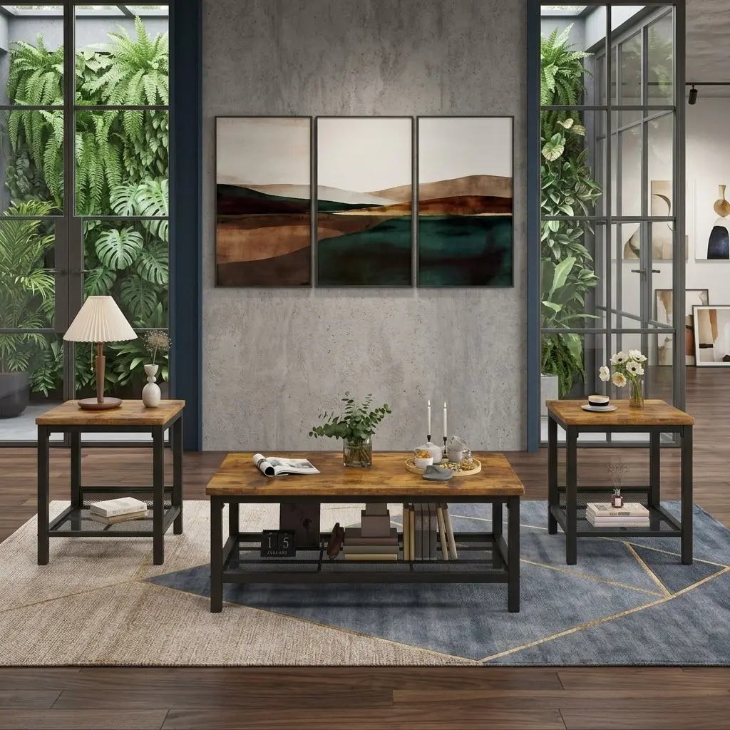 3 Piece Industrial Coffee Table Set, Rectangle Rust Brown Table with Metal Frame & Mesh Storage Shelf, Adjustable Legs Accent Table with 2 End Side Tables, Multi-use Furniture for Living Room Home Apartment