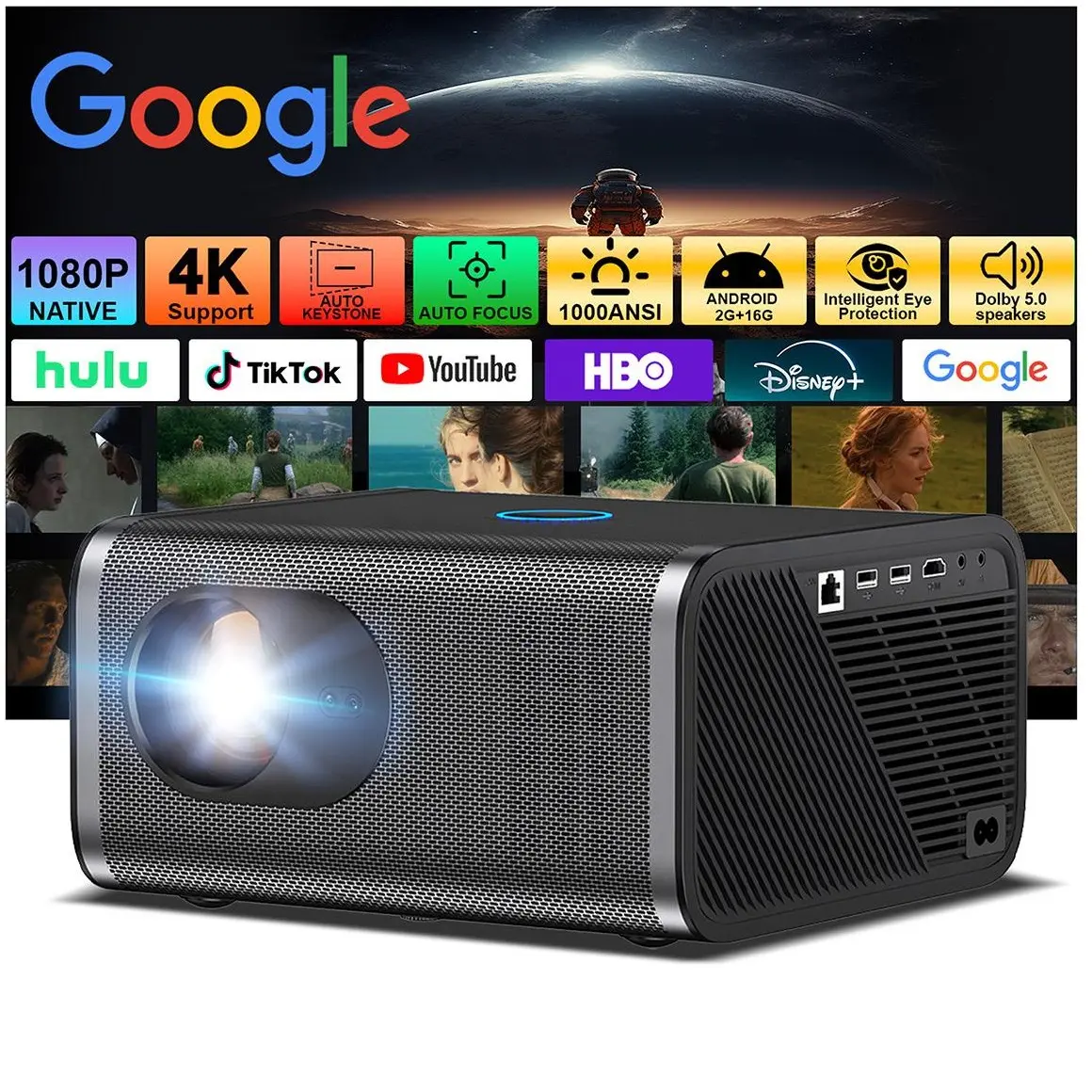 Native 1080P Projector with WiFi and Bluetooth, 4K Support Smart Movie Projector for Bedroom, Built-in Apps, Android 13.0,Auto Focus & Auto Keystone, Outdoor Projector for Phone/TV Stick/KTV