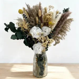 Boho Must-Have Dried Flower Bouquet with Vase Unisex Room Decor for Men & Girls Aesthetic Home Decorations & Plant Lover Gifts Featuring 30 Bunny Tails 6 Reed Stalks 10 Pampas Grass 30 Snowgrass 4 Eucalyptus 4 Golden Balls 2 Baby’s Breath 3 Faux Flowers