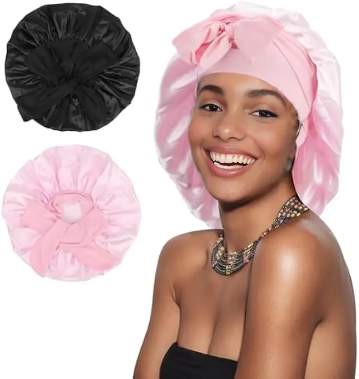 2 pcs Satin Bonnet Silk sleeping Bonnet for Sleeping Women Ajustable hair Bonnet for Curly Hair With Tie Band Adjustable Haircare