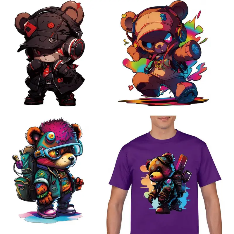 4 Sheets Bear Iron on Transfers Patches for T-Shirts Heat Vinyl Transfer Stickers Decals Cartoon Graffiti Bear Iron on Patches Sticker Animal Heat Vinyl Decals for Clothes Pillow DIY Crafts Decorations