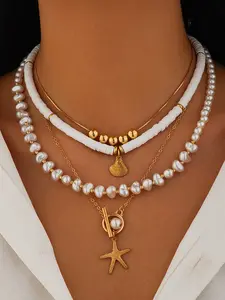 Boho Vintage Star Shell Pendant Necklace, Geometric Multi-Layer Chain, Ocean Wind Pearl Beads Choker, Gift for Sisters Friends