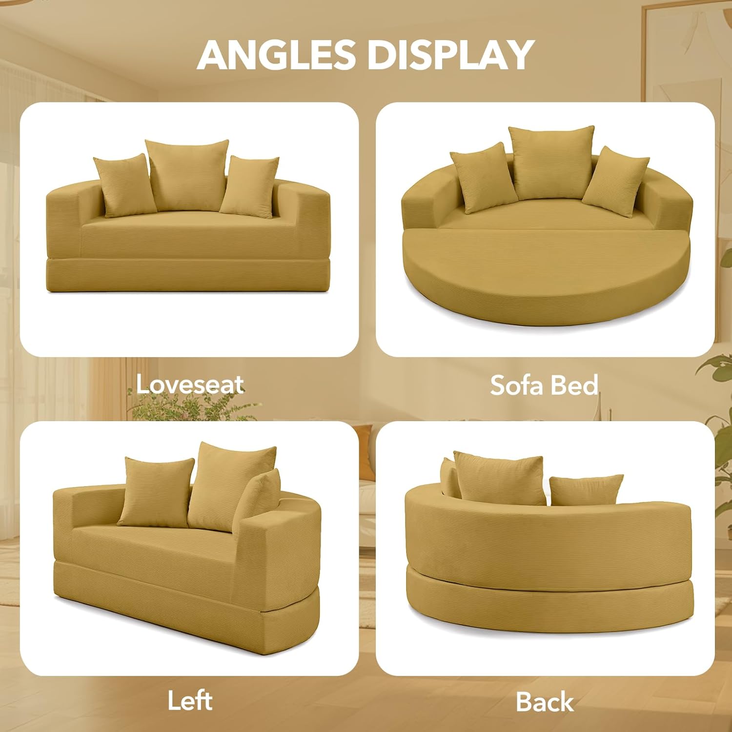 Round Convertible Sleeper Sofa Bed Folding Couch Chenille Foldable Floor Couch Bed with Armrest and Pillows, 67" Boneless Sofa Sleeper for Living Room, Apartment, Dorm, Small Spaces