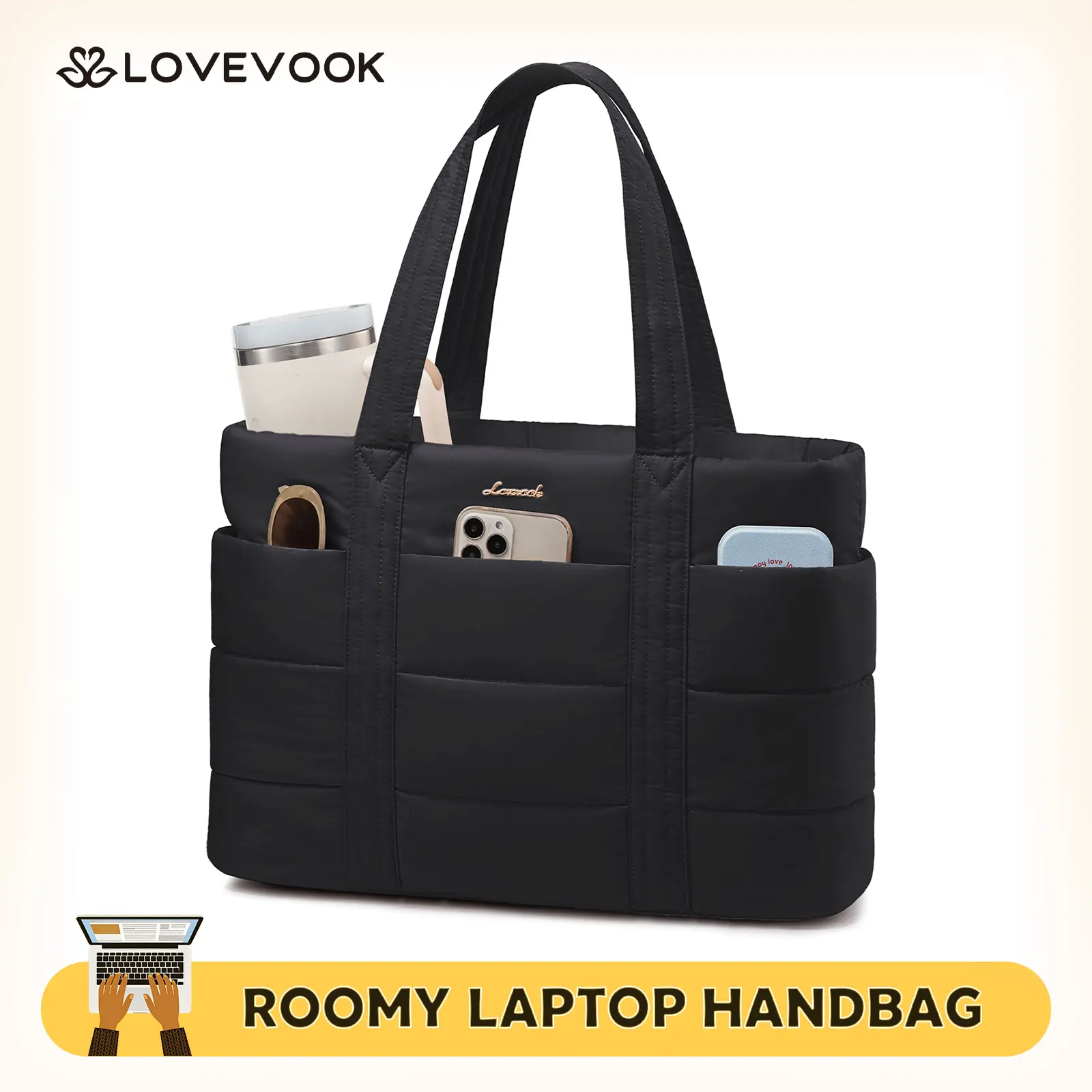 LOVEVOOK Puffer Fashion Tote Bag for Women,Large Multifunctional Work Laptop Bag,Lightweight Travel Shoulder Bag, Multi-pocket Compartment, with Elastic Water Bottle Pocket, Suitable for Multiple Scenarios